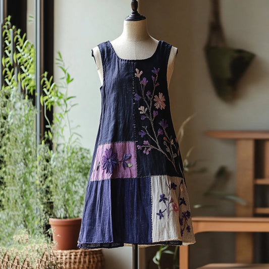 Violet Floral Patchwork Linen Tank Maxi Dress artswardrobe
