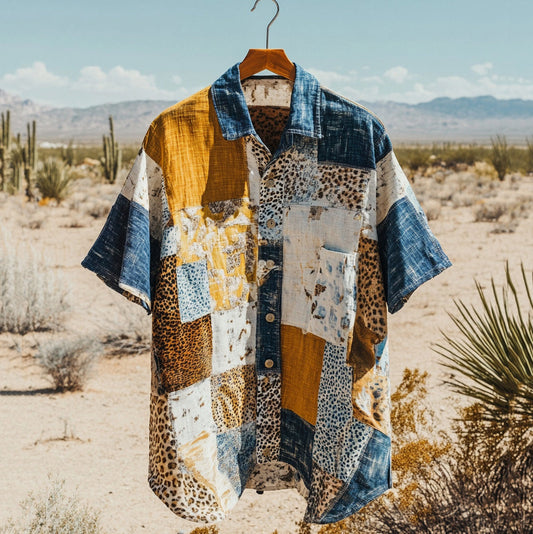 Men's Retro Patchwork Contrast Color Linen Shirt artswardrobe