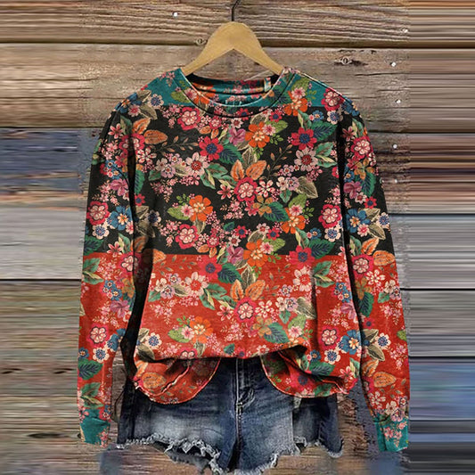 Comstylish Vintage Flower Print Round Neck Casual Sweatshirt