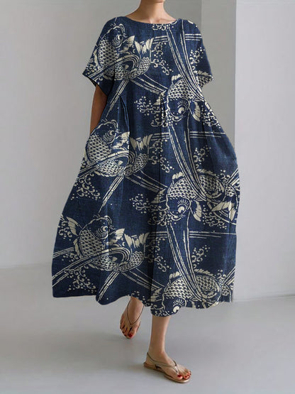Comstylish Koi Fish Sea Waves Japanese Pattern Linen Blend Maxi Dress