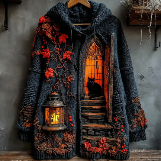 Women's Halloween Little House Cat Art Knitted Button Sweater Cardigan artswardrobe