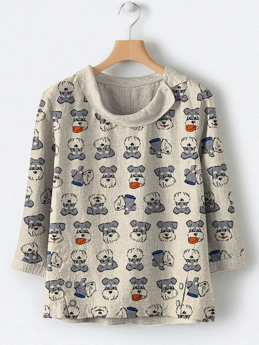 Comstylish Lively Schnauzer Dog Art Print Linen Blend Shirt
