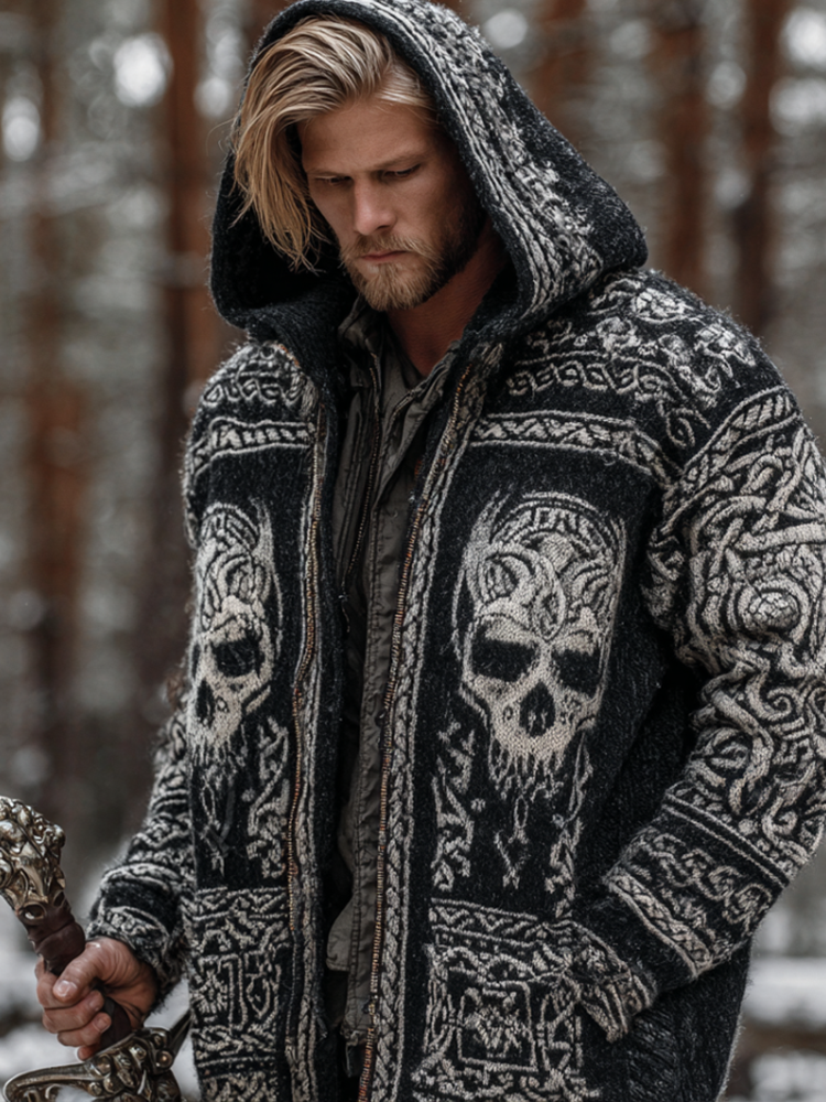Halloween Theme Viking Style Men's Thick Sweater Coat elevenforest