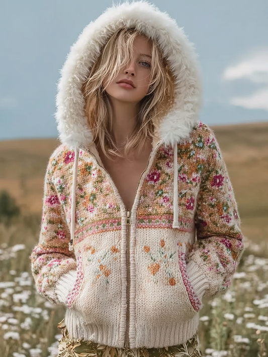 Comstylish Bohemian Style Plant Flower Pattern Printed Women's Winter Warm Knitted Sweater Coat