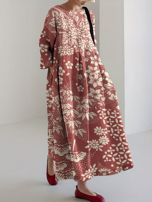 Comstylish Vintage Japanese Art Flower Print Casual Midi Dress