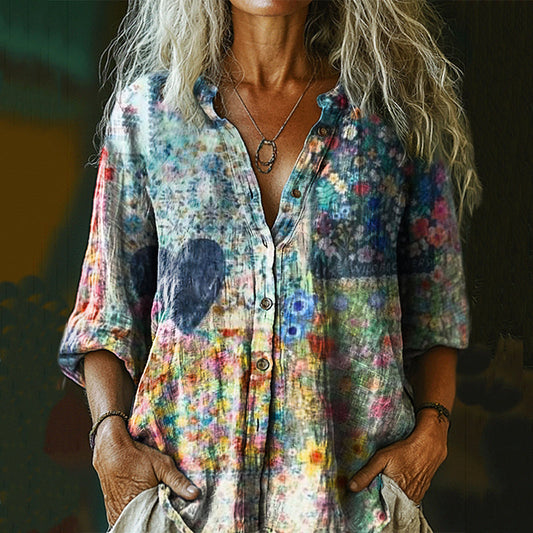 Women's Retro Mushroom Print Casual Cotton And Linen Shirt artswardrobe