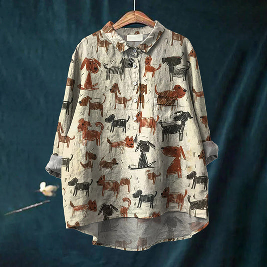 Comstylish Women's Kid Drawing Art Dog Art Print Casual Cotton And Linen Shirt