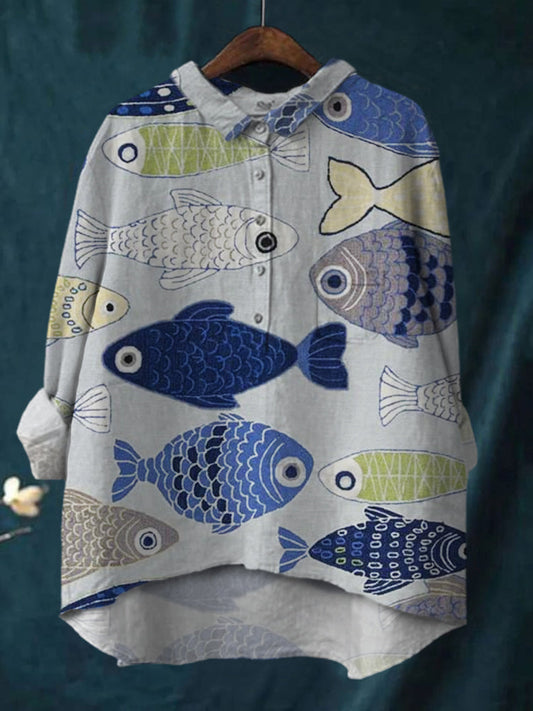 Women' Cartoon Fish Print Casual Cotton And Linen Shirt