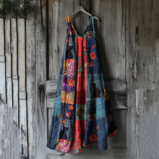 Women's Vintage Cat Floral Patchwork Art Linen Tank Dress artswardrobe