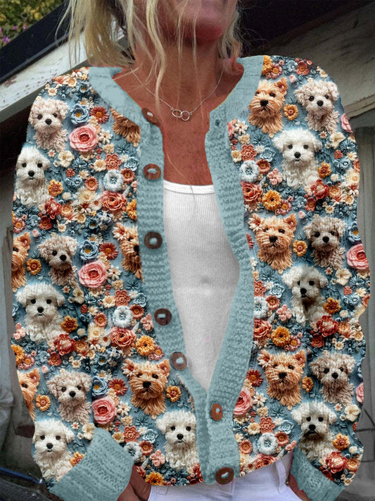 Comstylish Cute Floral Dog Embroidered Cozy Knit Cardigan