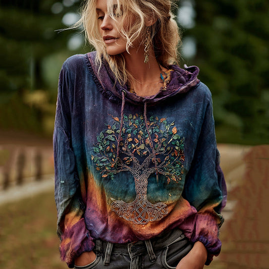 Women's Classic Viking Tree Of Life Art Gradient Comfort Hooded Linen Shirt artswardrobe