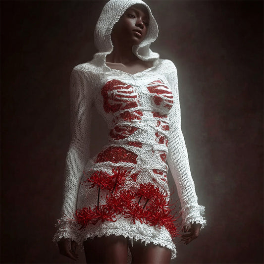 Halloween Bandage & Higanbana Flowers Art Women's Knit Hooded Mini Dress artswardrobe