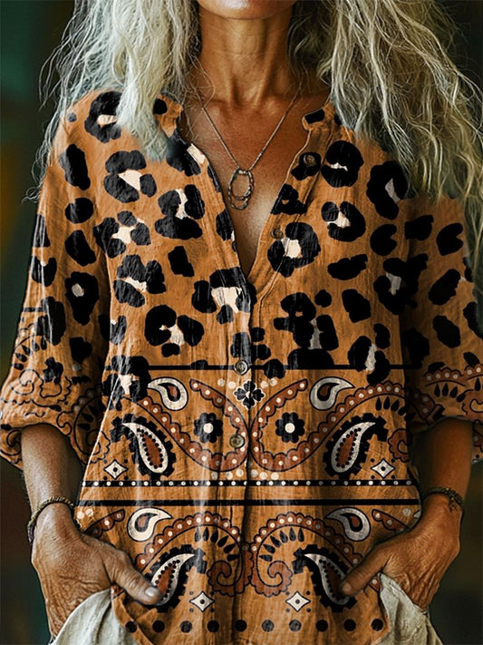 Women's Leopard Cashew Flower Trim Pattern Art Print Casual Cotton Lin
