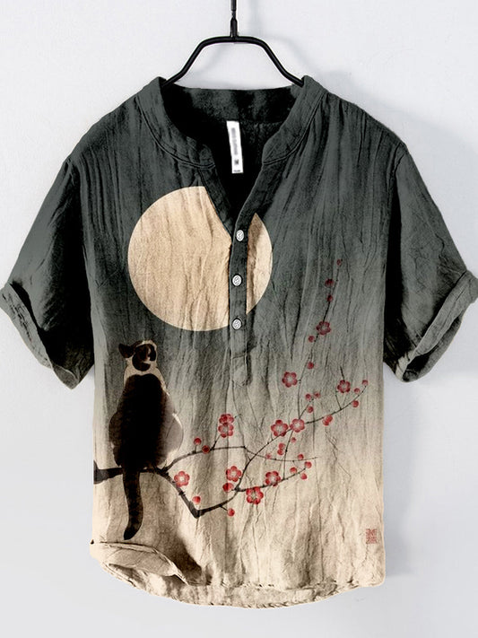 Cute Cat and Cherry Blossom Art Linen Blend Shirt elevenforest