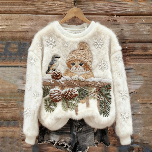 Comstylish Lovely Cat & Bird Christmas Season Embroidered Cozy Plush Sweatshirt
