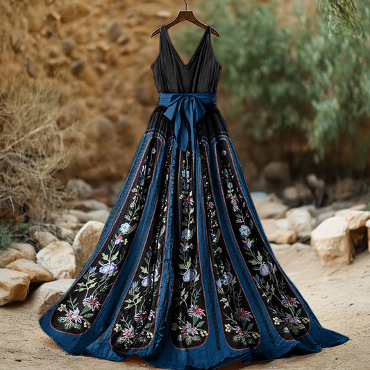 Women's Vintage Floral Pattern Cotton And Linen Sleeveless Dress artswardrobe