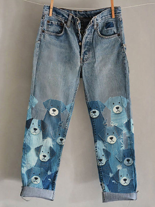 Comstylish Funny Animal Embroidered Print Jeans