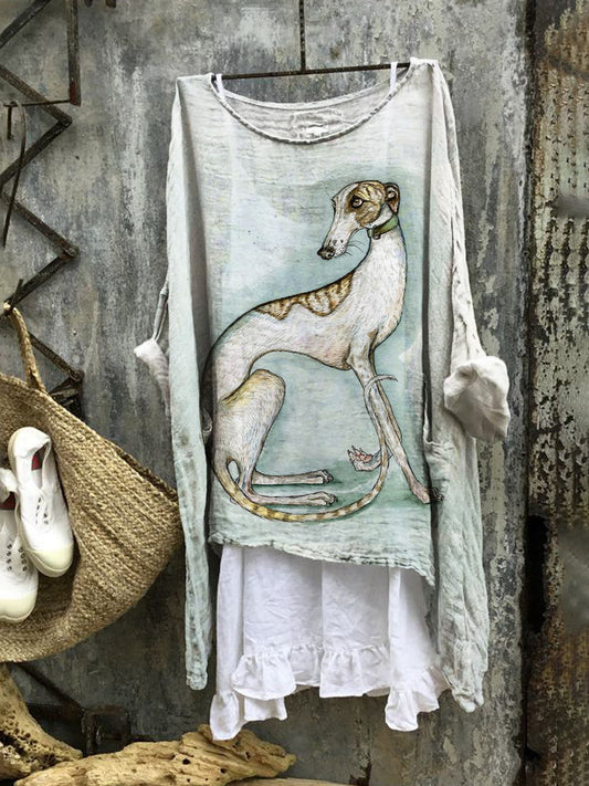 Comstylish Watercolor Greyhound Dog Pattern Linen Loose Long Shirt