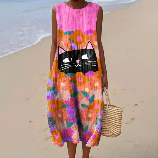 Women's Vintage Cute Cat Print Casual Dress artswardrobe