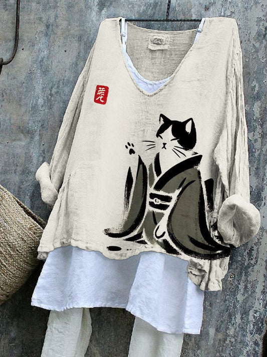 Japanese Style Cat In Kimono Women's Linen Shirt elevenforest