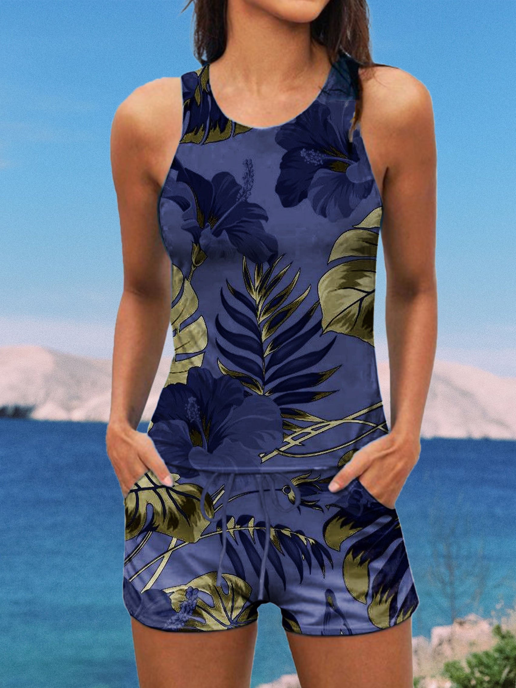 Vintage Tropical Leaves Print Halter Ruffle Ruched Jacquard Tankini Short Set