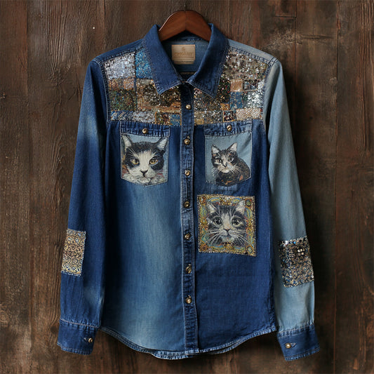 Vintage Sequins & Cat Head Art Women's Long Sleeve Denim Shirt elevenforest