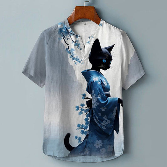 Elegant Sakura Kimono Cat Japanese Lino Art Linen Blend Shirt elevenforest