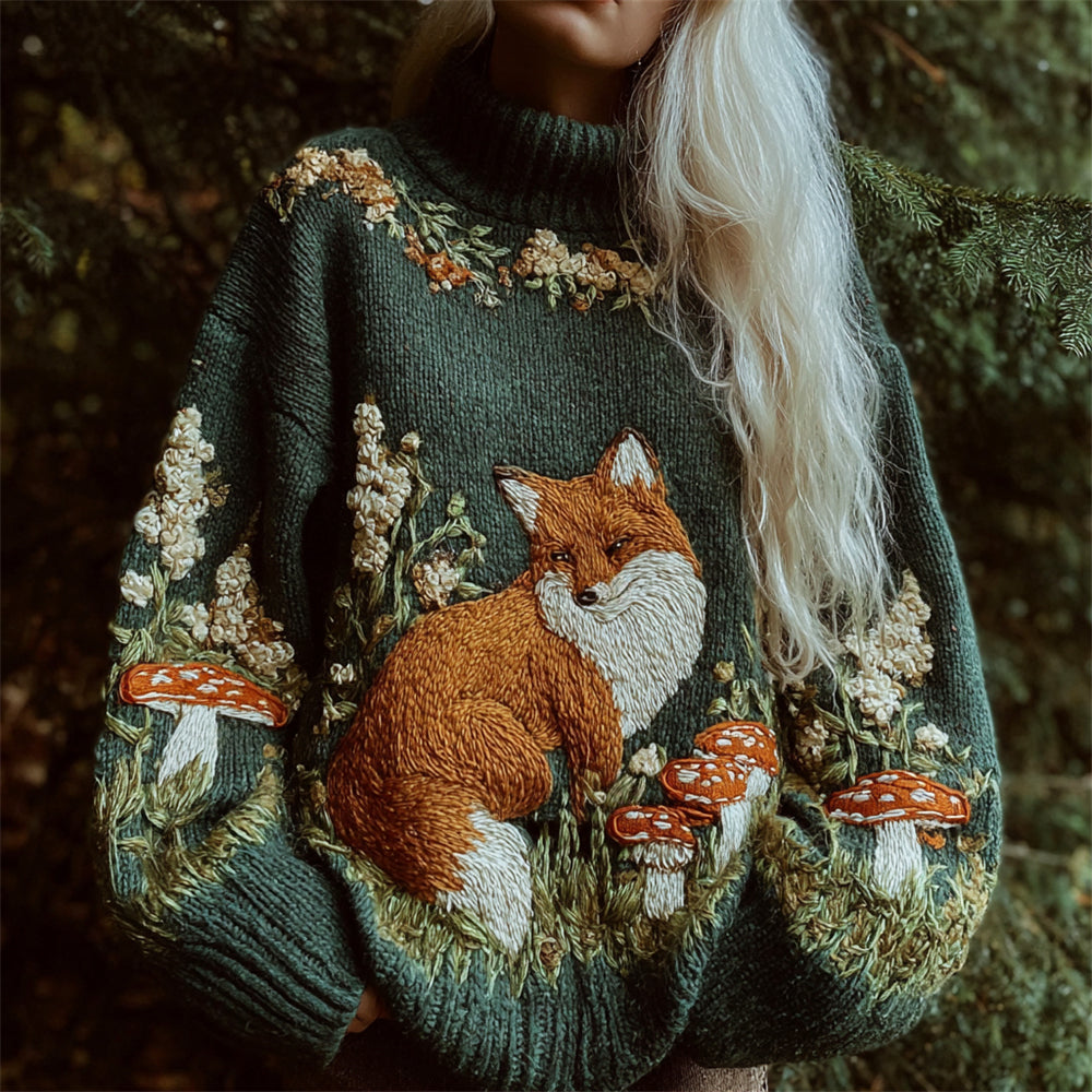 Forest Fox & Mushroom Embroidery Women's Knit Turtleneck Sweater elevenforest