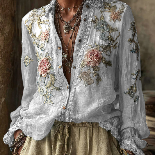 Women's Vintage Bohemian Floral Pattern Linen Long Sleeve Shirt artswardrobe