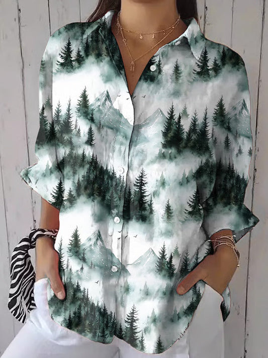 Women's Casual Forest Mountain Printed Shirt artswardrobe