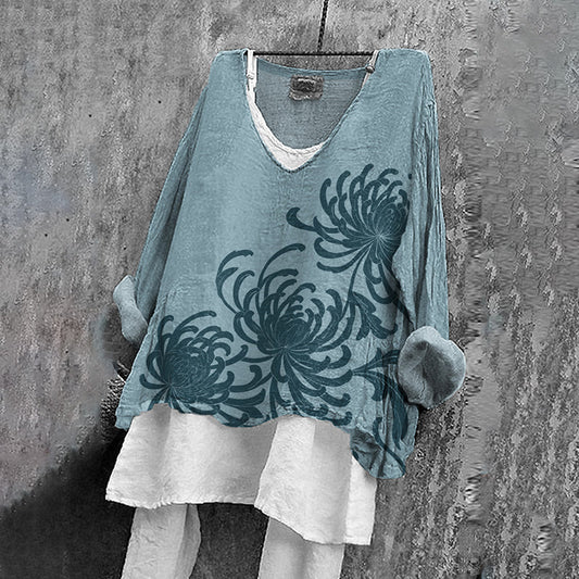 Comstylish Women's Japanese Chrysanthemum Art V-neck Linen Blend T-shirt