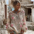 Women's Pink Flowers Embroidery Art Cozy Knit Sweater artswardrobe