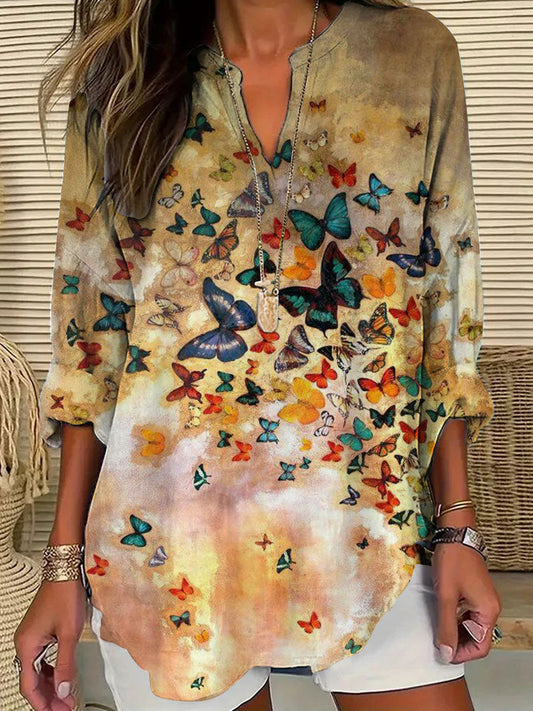 Comstylish Women's Casual Butterfly Watercolor Printed V Neck Shirt