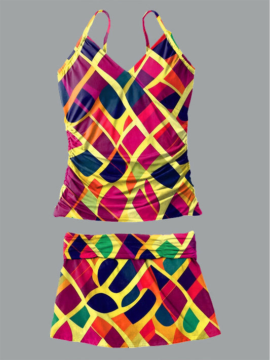 Women's Geometric Art V-Neck Print Suspender Skirt Tankini Pantskirt Set Swimsuit
