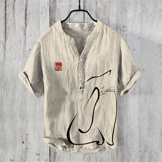 Japanese Ink Painting Of Sumi-e Cats Art Linen Blend Shirt elevenforest