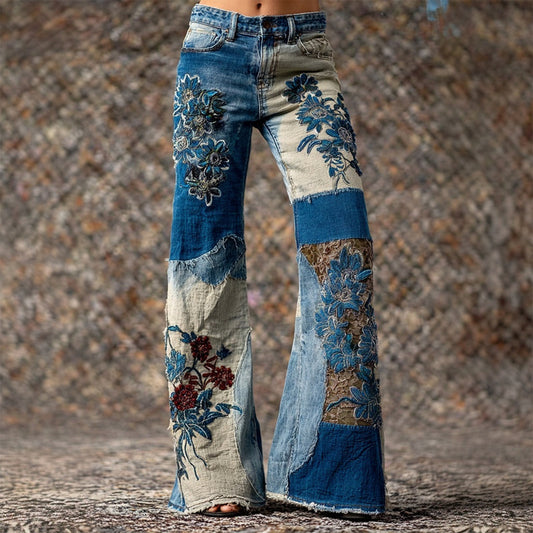 Boho Floral Embroidered Patchwork Vintage Bootcut Jeans