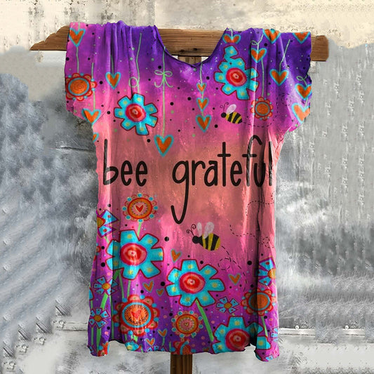 Bee Grateful Floral Art Print Cotton Crew Neck T-shirt artswardrobe