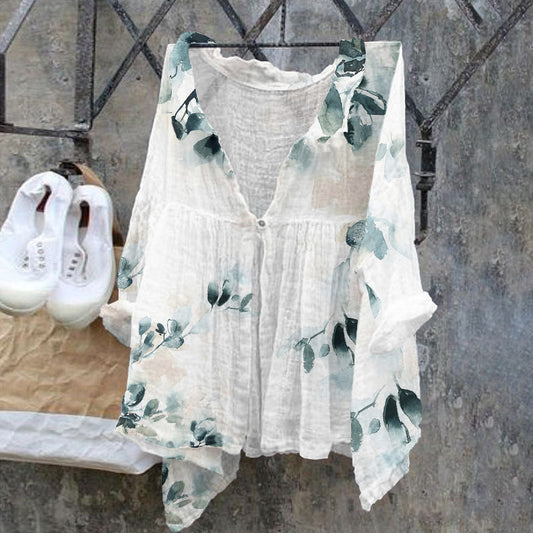 Comstylish Retro Floral Print Artistic Linen Blend Cozy Shirt