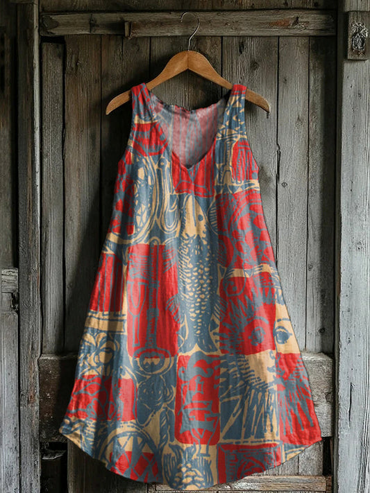 Women's Bohemian Ethnic Collage Art Print V-neck Pocket Cotton Dress