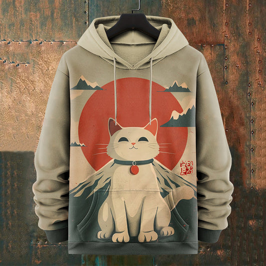 Men's Japanese Mount Fuji Art Cat Graphics Print Casual Hoodie elevenforest