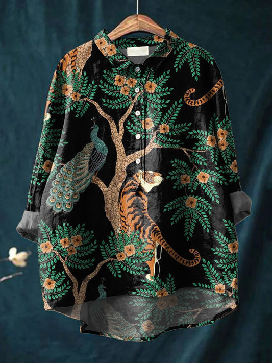 Vintage Ethnic Lovely Animals Floral Art Print Casual Cotton And Linen Shirt