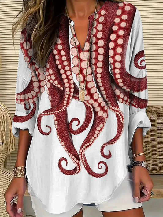 Comstylish Women's Casual Japanese Art Ocean Octopus Print T-shirt