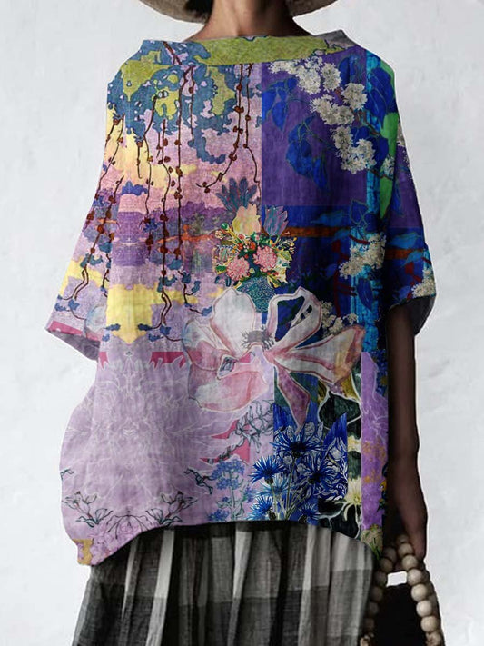 Women's Elegant Floral Round Neck Cotton and Linen Top