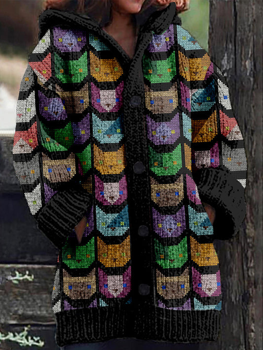 Cross Stitch Cat Pattern Cozy Hooded Cardigan elevenforest