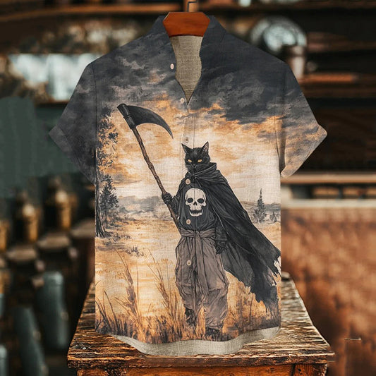 Men's Grim Reaper Black Cat Print Short Sleeve Shirt elevenforest