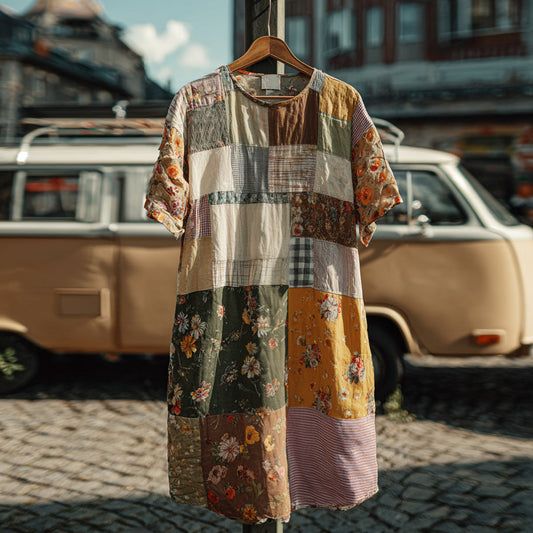 Countryside Style Collection Classy Patchwork Floral Pattern Art Linen Midi Dress artswardrobe