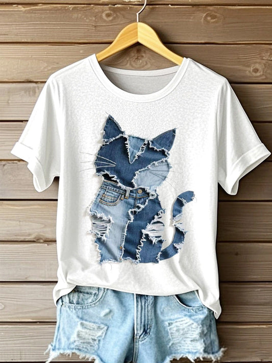 Comstylish Women's Cat Pattern Denim Patchwork Art T-shirt