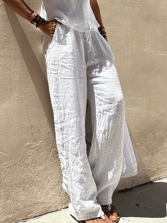 Ladies Pocket Patchwork Loose Cotton And Linen Casual Pants