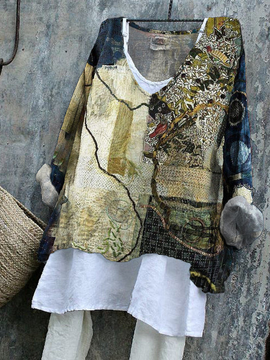 Vintage Japanese Thread Stitching Pattern Women's Linen Shirt artswardrobe