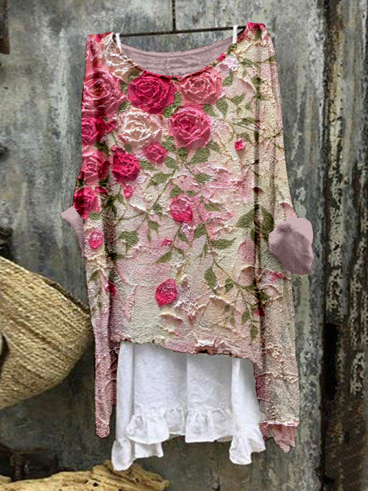 Comstylish Pink Rose Oil Painting Art Linen Blend Tunic